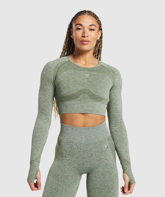 Flex Sports Long Sleeve Crop Top - Force Green/Vanilla Beige