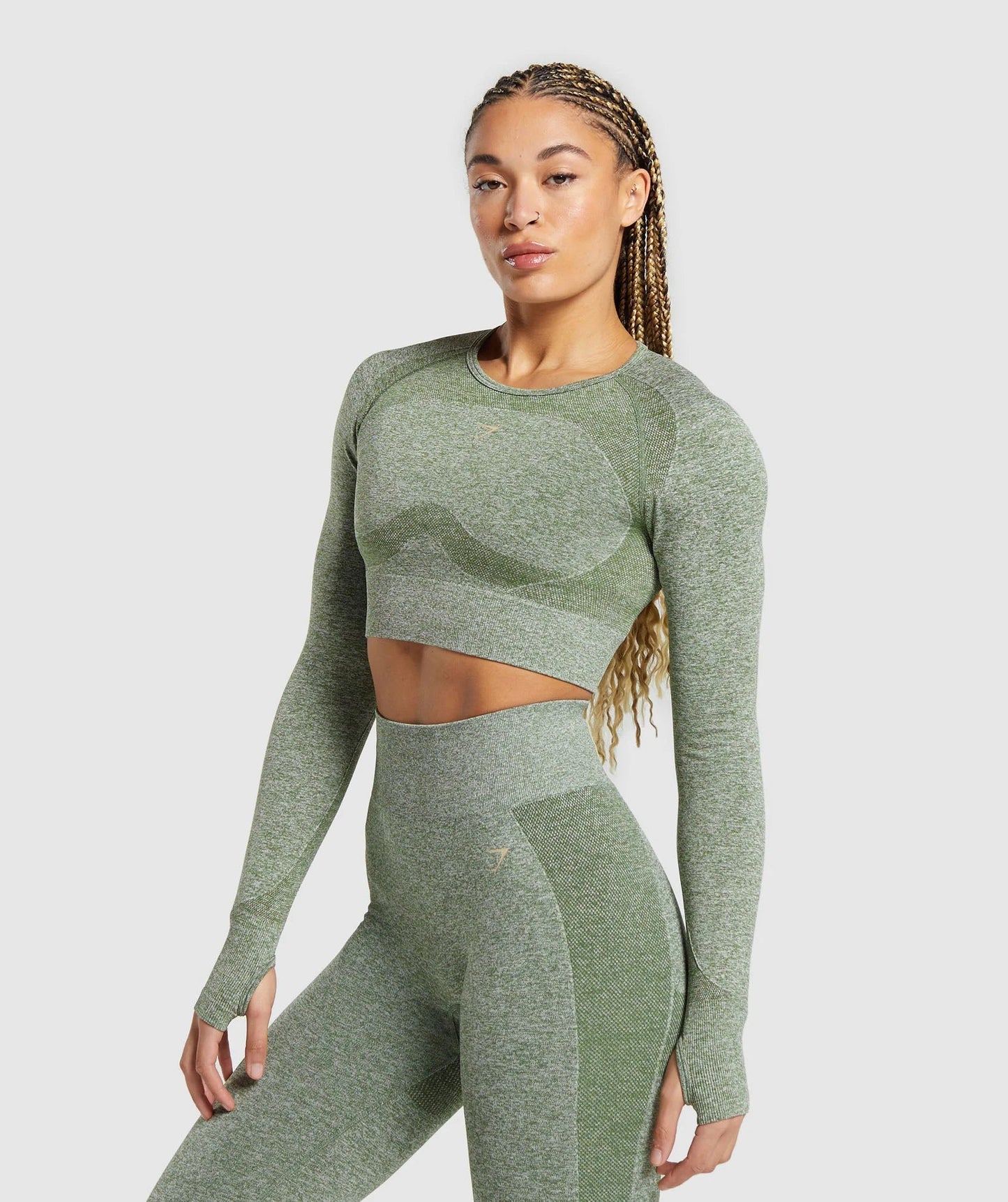 Flex Sports Long Sleeve Crop Top - Force Green/Vanilla Beige