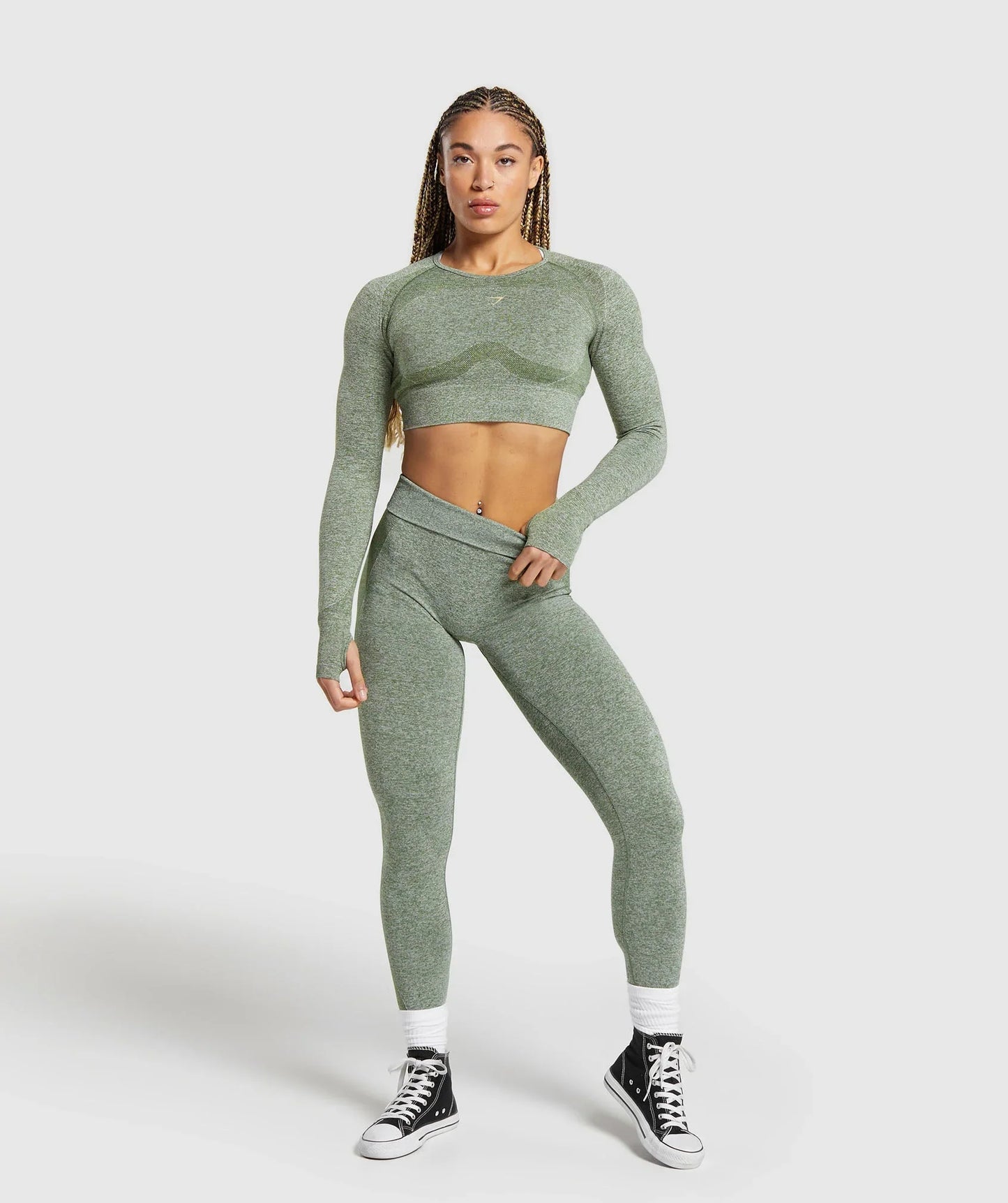 Flex Sports Long Sleeve Crop Top - Force Green/Vanilla Beige